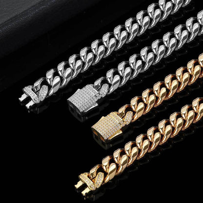 Custom Stainless Steel Cuban Chain Necklace with Zircon Stones & Spring Clasp for Men | Caratix Jewelry - CaratixJewelry