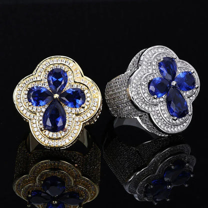 Blue Flower S925 Silver Moissanite Ring Rapper Iced Out Style | Caratix Jewelry - CaratixJewelry