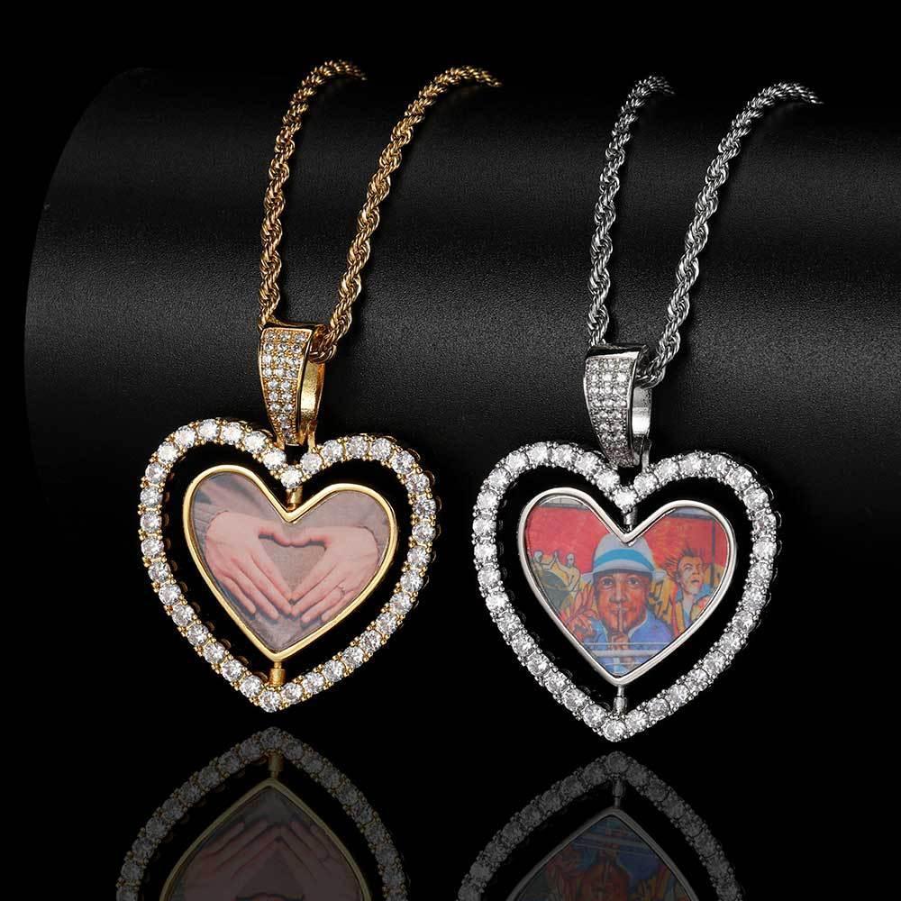 Custom Rotating Double-Sided Heart Photo Pendant Necklace with Zircon Stones | Caratix Jewelry - CaratixJewelry