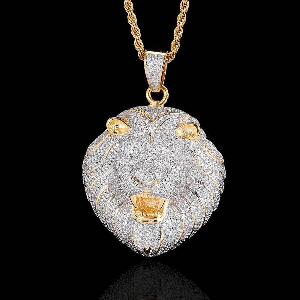 Custom Full Lion Head Pendant Necklace with Zircon Stones and Gold Plating for Men | Caratix Jewelry - CaratixJewelry