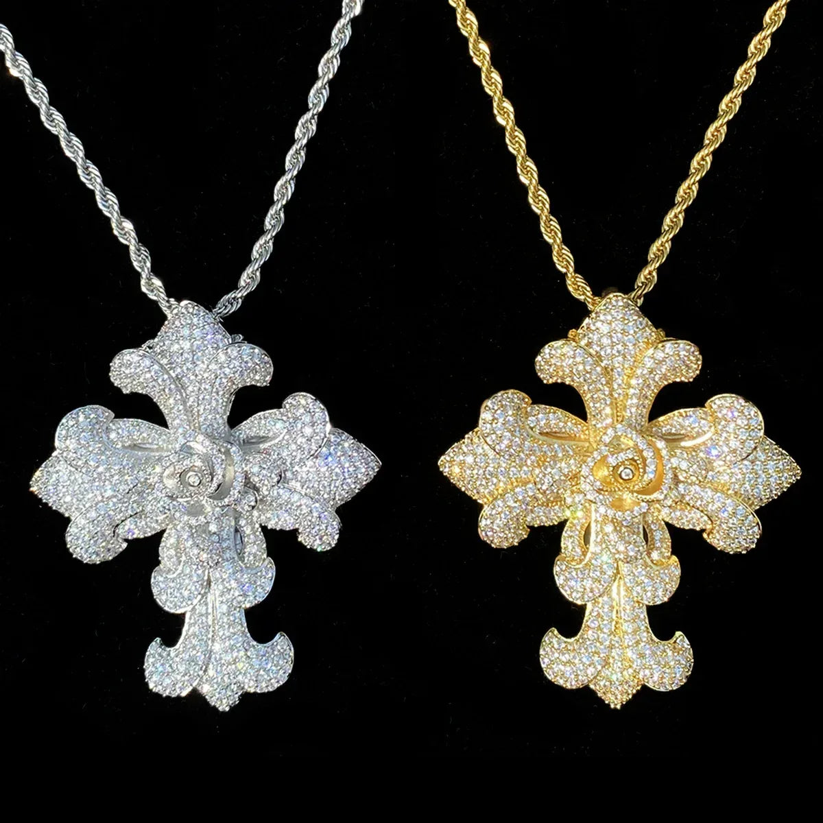 Exaggerated Floral Iced Out Cross Pendant | Luxury Men's Real Copper CZ Necklace - CaratixJewelry