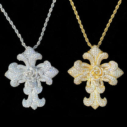Exaggerated Floral Iced Out Cross Pendant | Luxury Men's Real Copper CZ Necklace - CaratixJewelry