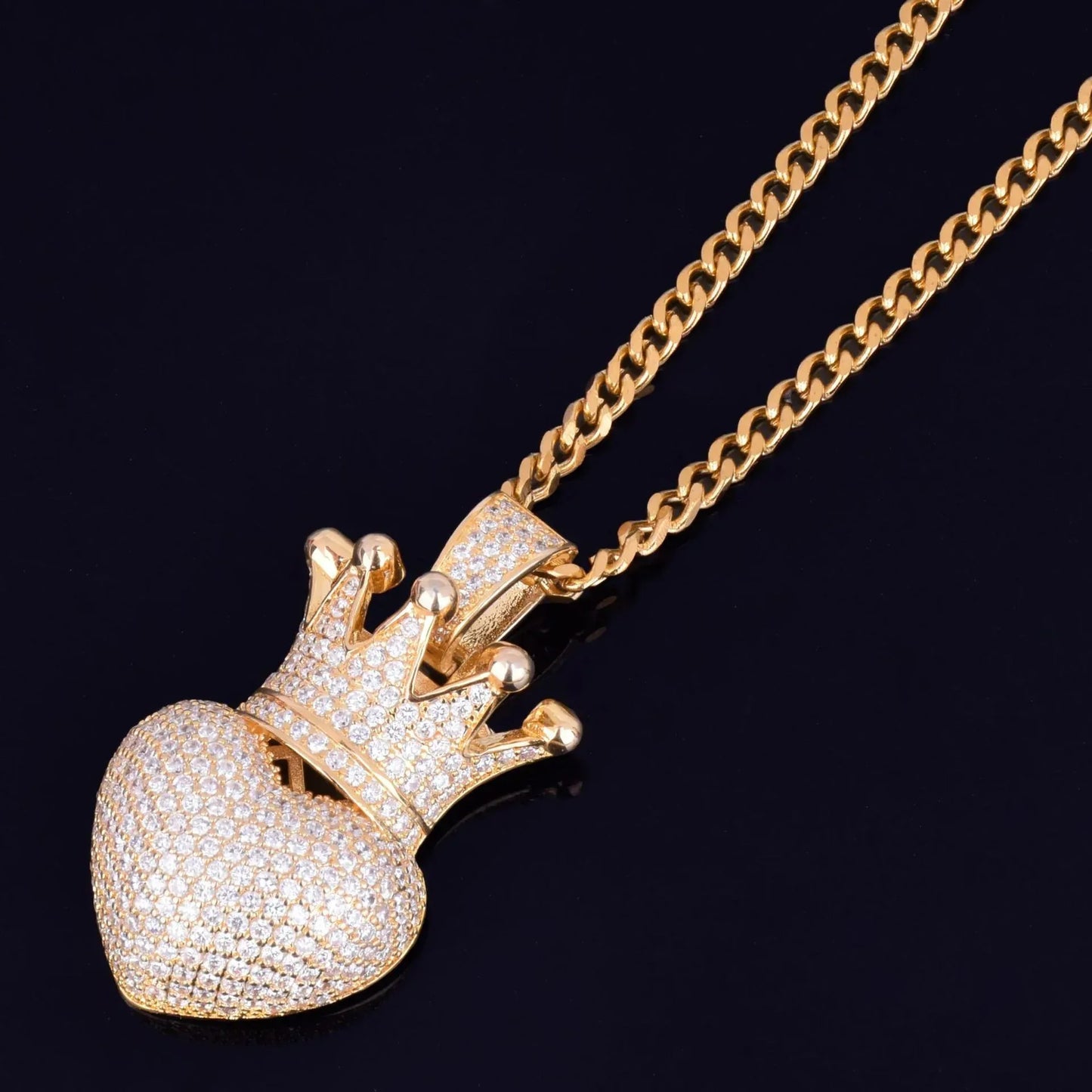 Luxury Iced Out Heart Crown Pendant for Men | Hip Hop Pave CZ Jewelry | Trendy Copper Zircon Necklace | King of Hearts Ice Pendant | Caratix - CaratixJewelry