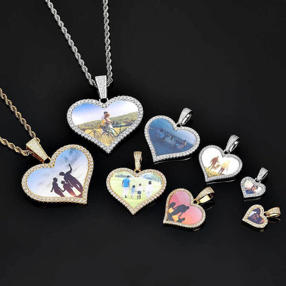 Large Heart Photo Frame Pendant Necklace with DIY Zircon Stones for Men | Caratix Jewelry - CaratixJewelry