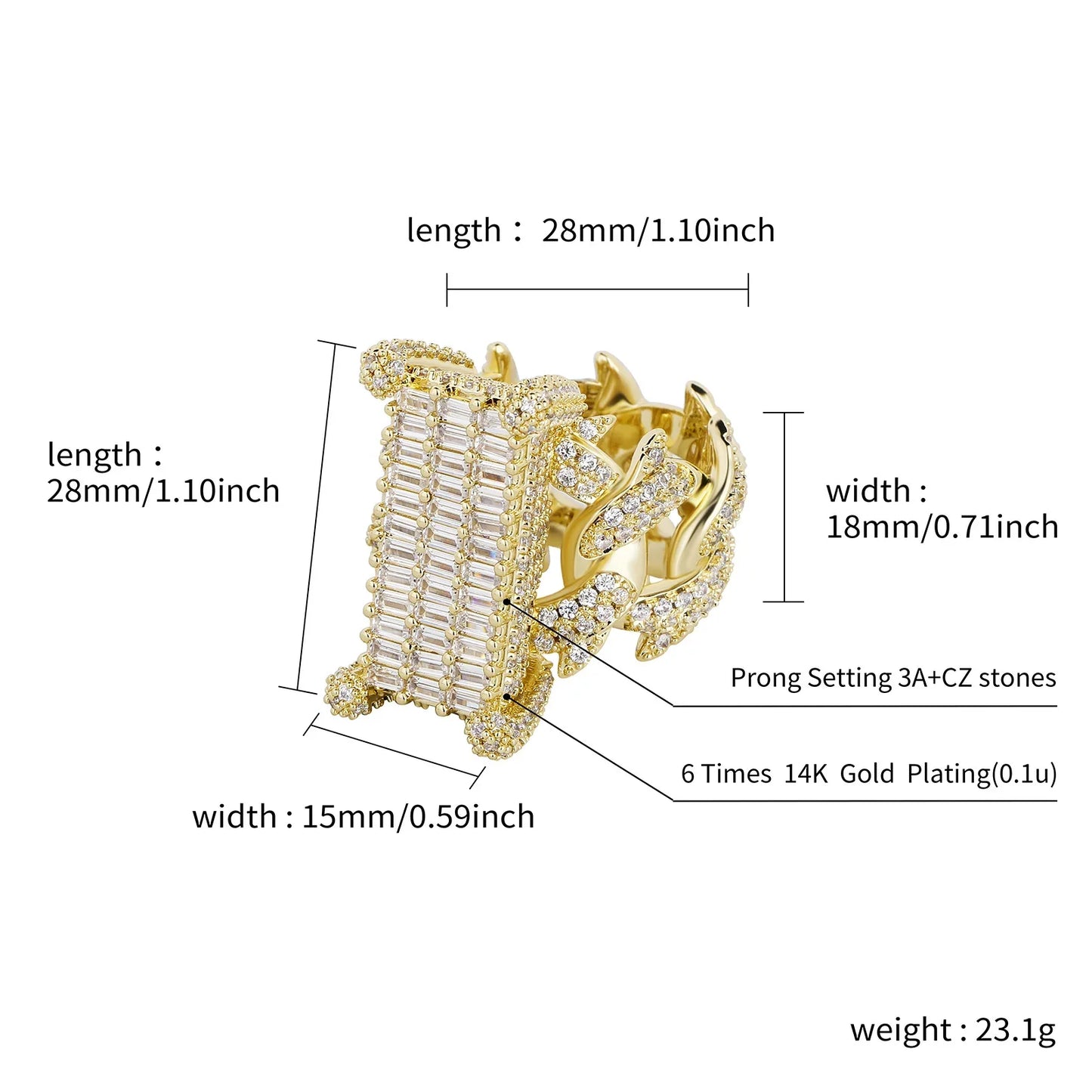 Iced Out Cuban Link Ring | Rectangular Zirconia Men's Band | Caratix