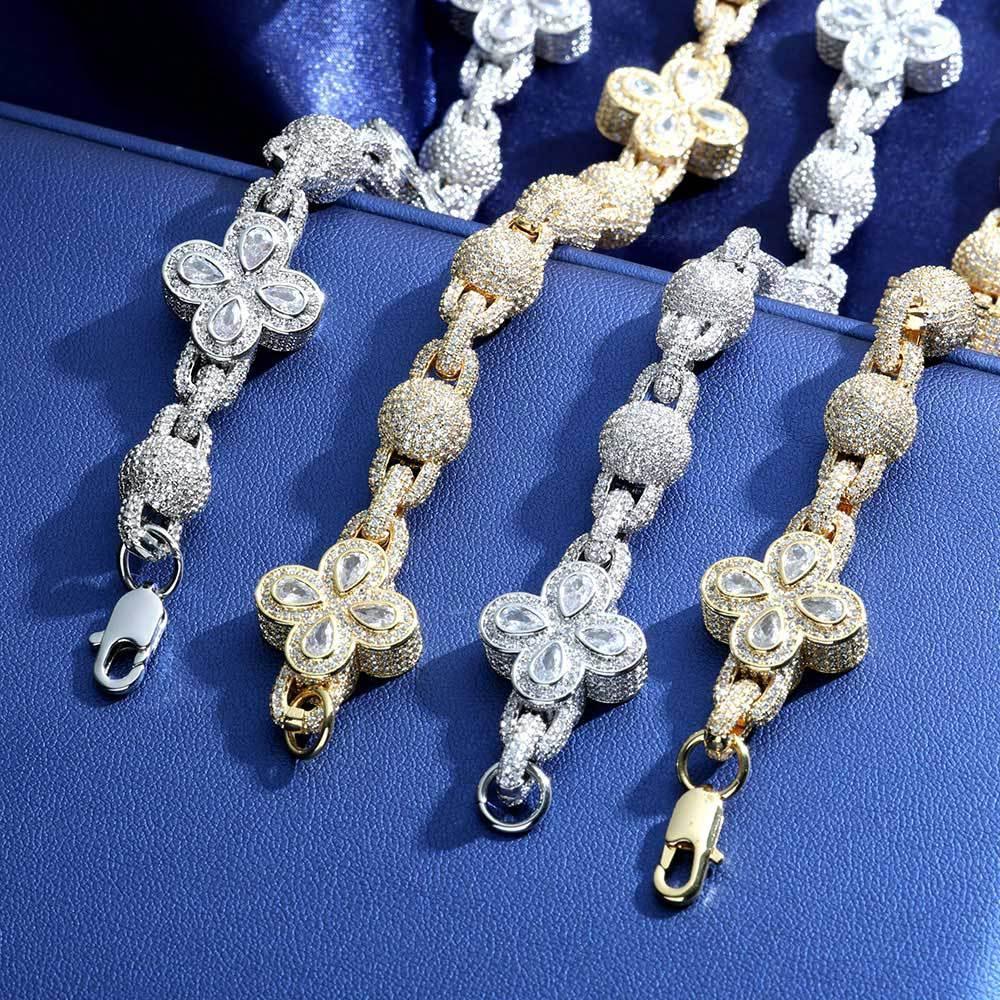 Four-Leaf Clover Moissanite Bead Chain – S925 Sterling Silver Iced-Out Hip Hop Men’s Luxury Streetwear Necklace - CaratixJewelry