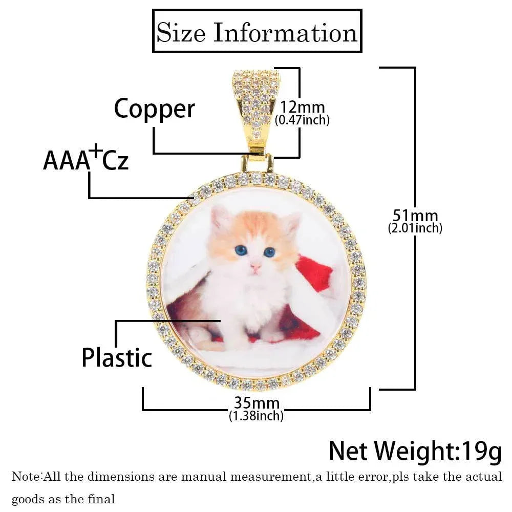 Custom Small Round Photo Pendant Necklace with Zircon Stones for Men | Caratix Jewelr - CaratixJewelry