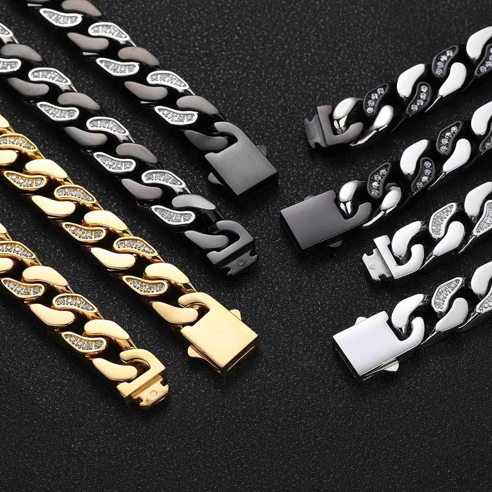 12mm Stainless Steel Hip Hop Bracelet with CNC Half Pavé Zircon - CaratixJewelry
