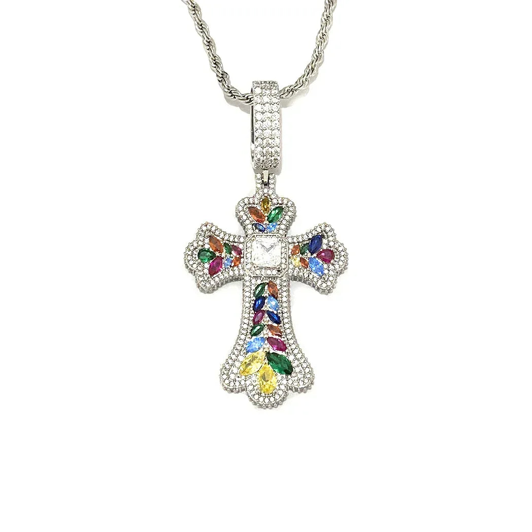 Luxury Multi-Color Iced Out Cross Pendant for Men | Hip Hop Rainbow Zircon Necklace | Genuine Copper CZ Jewelry | Senior Sense Bling | Caratix - CaratixJewelry