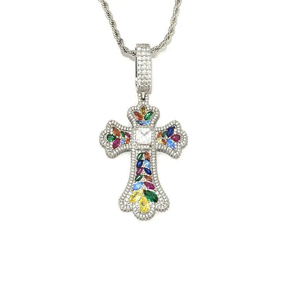 Luxury Multi-Color Iced Out Cross Pendant for Men | Hip Hop Rainbow Zircon Necklace | Genuine Copper CZ Jewelry | Senior Sense Bling | Caratix - CaratixJewelry