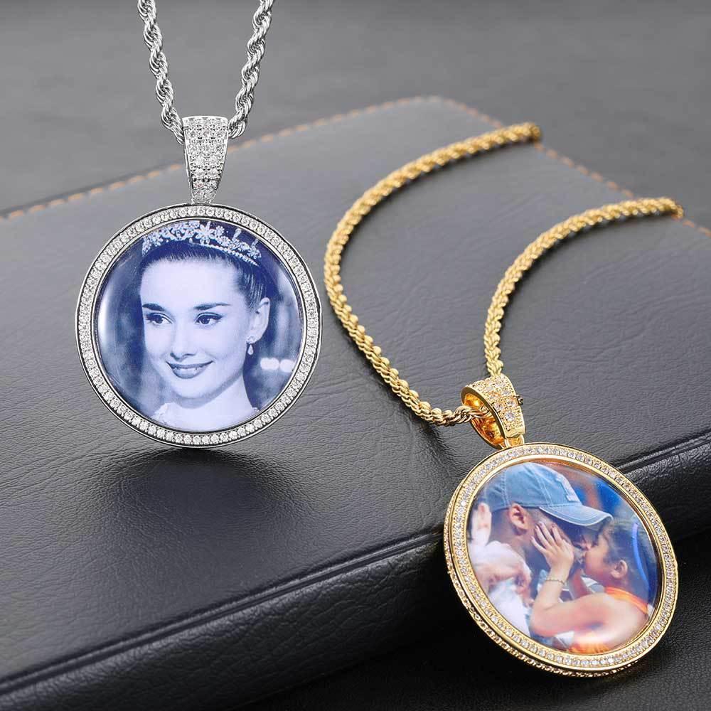 Round Photo Pendant Necklace with Zircon and Memory Frame | Trendy Hip Hop Jewelry | Caratix Jewelry - CaratixJewelry