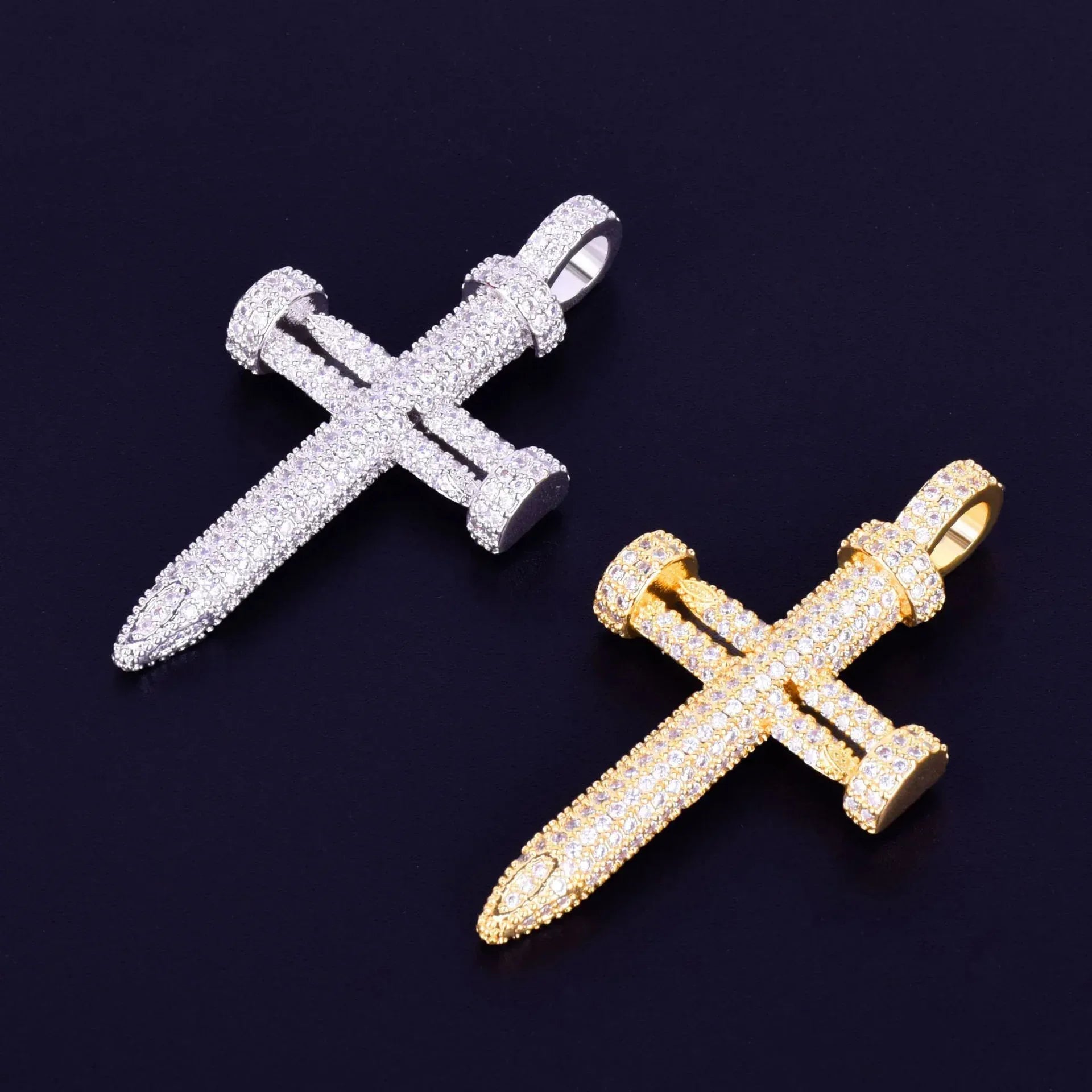 Modern Iced Out Thumbtack Nail Cross Pendant | Men's Industrial Hip Hop Necklace | Premium Copper CZ Jewelry | Unique Street Edge | Caratix - CaratixJewelry