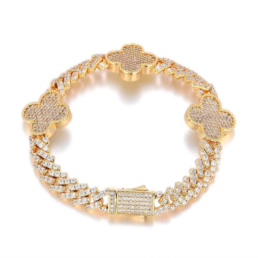 Clover-Shaped Zircon Cuban Link Bracelet with Spring Clasp - CaratixJewelry