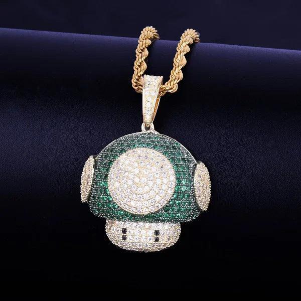 Iced Out Funky Mushroom Pendant | Men's Real Copper CZ Necklace - CaratixJewelry