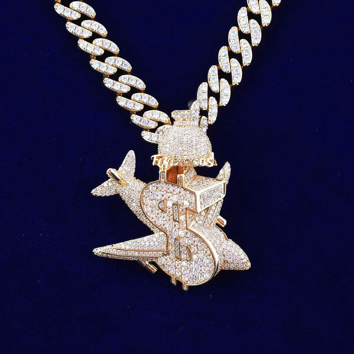 Iced Out Money Plane Pendant | Unisex Real Copper/S925 CZ Necklace | Luxury Hip Hop Flight to Riches Jewelry | Dollar Sign Plane Bling | Caratix - CaratixJewelry