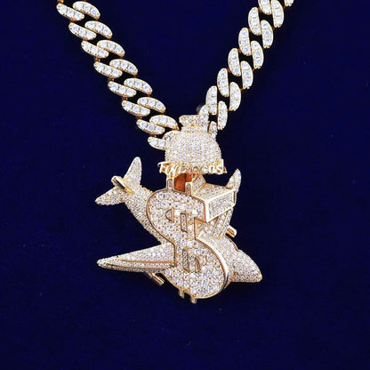 Iced Out Money Plane Pendant | Unisex Real Copper/S925 CZ Necklace | Luxury Hip Hop Flight to Riches Jewelry | Dollar Sign Plane Bling | Caratix - CaratixJewelry
