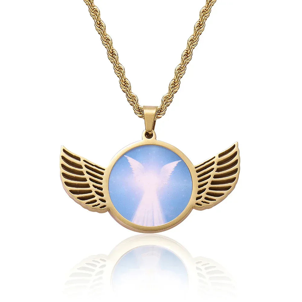 Winged Round Photo Frame Pendant Necklace with Customizable Photo for Men | DIY Stainless Steel Necklace | Caratix Jewelry - CaratixJewelry