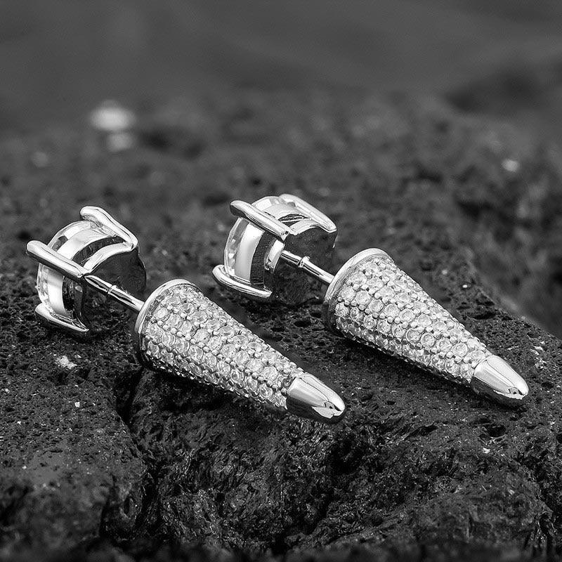 Iced Out Micro-Pave Spike Studs - Mens Hip Hop Cone Earrings