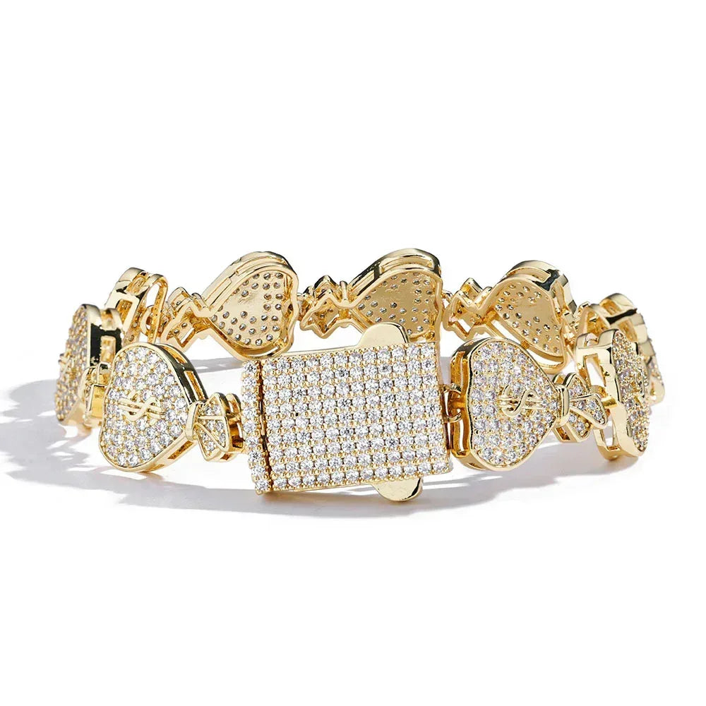 15mm Money Bag Cuban Bracelet Zircon Rapper Chain - CaratixJewelry