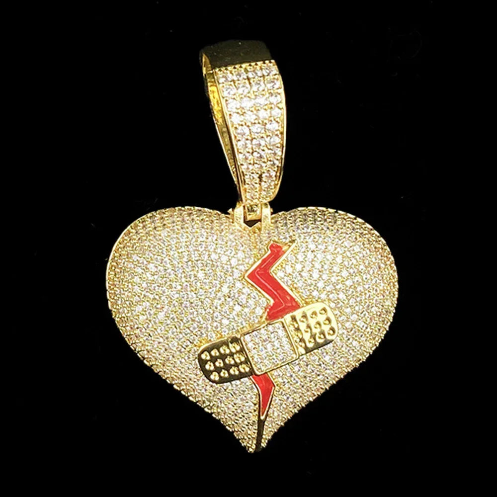 Iced Out "Mended Heart" Band-Aid Pendant | Men's Real Copper Broken Heart Necklace - CaratixJewelry