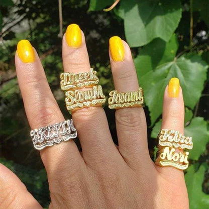Custom Women's Name Ring | Diamond-Cut Heart Motif Statement Band | Caratix