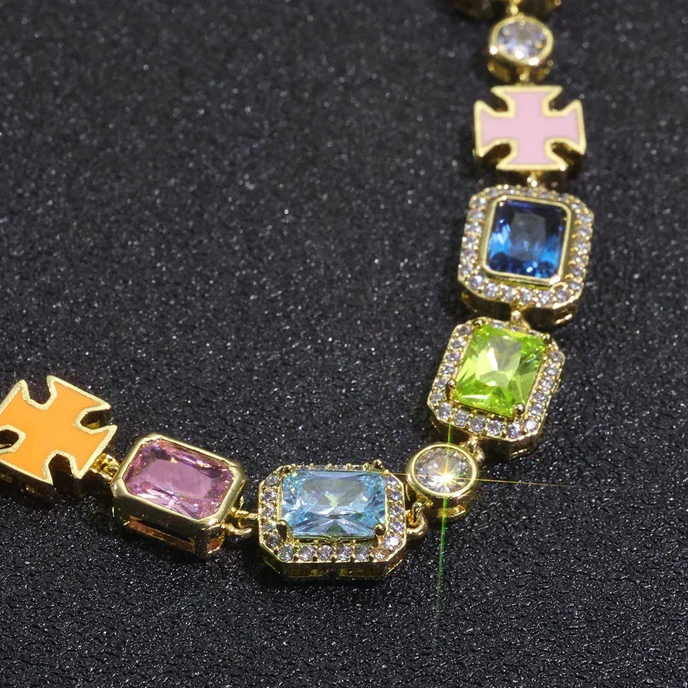 Drip Cross Pendant Colorful Gemstone Hip Hop Bracelet Gold Chain Rapper Style for Men | Caratix Jewelry - CaratixJewelry