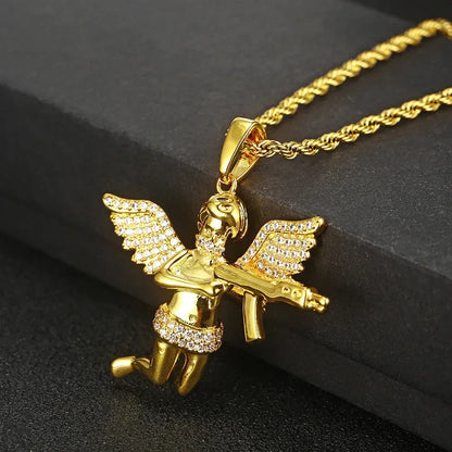 RevengeAngel Gun Pendant Hip Hop Necklace with Micro-Pave Zircon for Men | Caratix Jewelry - CaratixJewelry