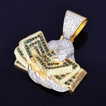 Iced Out Hand Holding Cash Pendant | "Secure The Bag" Men's Hip Hop Necklace | Premium Copper CZ Dollar Bill Jewelry | Wealth Hustle Bling | Caratix - CaratixJewelry