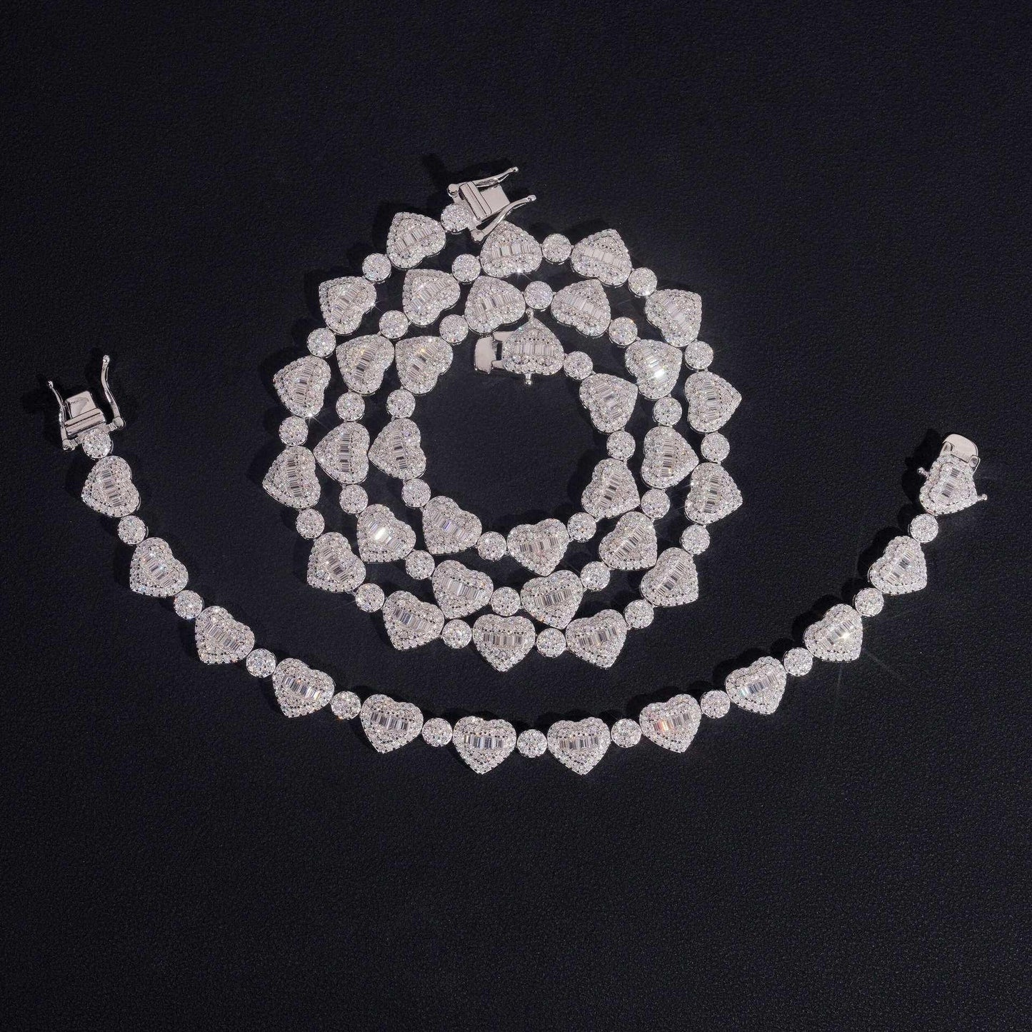 8.5mm Moissanite Heart Necklace & Bracelet | S925 Silver Couple Hip Hop Jewelry - CaratixJewelry