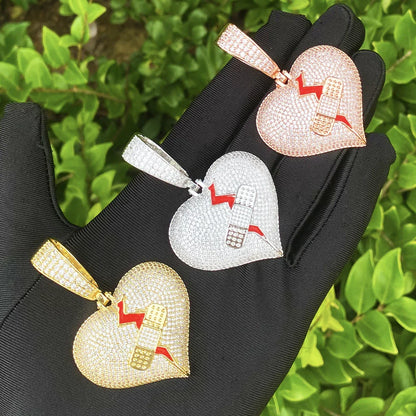 Iced Out "Mended Heart" Band-Aid Pendant | Men's Real Copper Broken Heart Necklace - CaratixJewelry