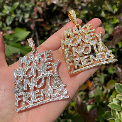 Iced Out "Make Money Not Friends" Pendant | Men's Real Copper CZ Necklace | MMNF Street Code Jewelry | 3D Block Letter Success Charm | Caratix - CaratixJewelry