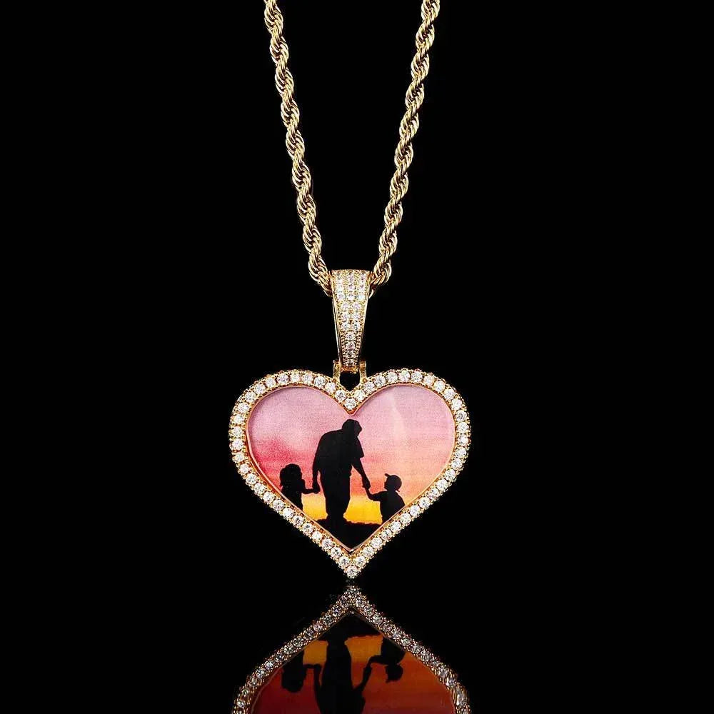 Custom Heart Photo Pendant Necklace with Zircon Stones for Men | Caratix Jewelry - CaratixJewelry
