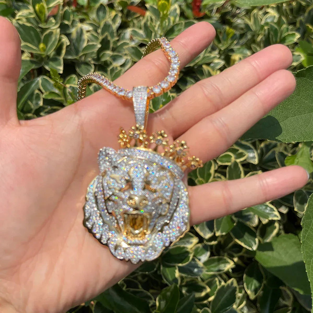 Iced Out Crowned Lion Head Pendant | Men's Real Copper CZ Necklace - CaratixJewelry