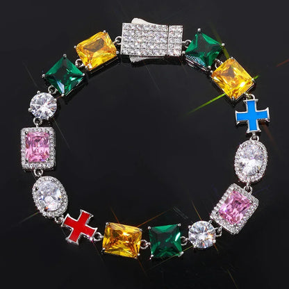 Custom 10mm Cross Charm Color Gemstone Bracelet | Premium Iced Out Jewelry for Men | Caratix - CaratixJewelry