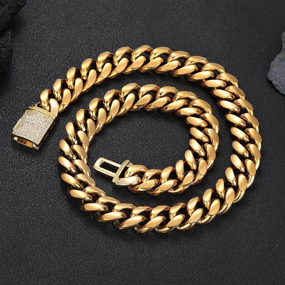 Stainless Steel Miami Cuban Chain Zircon Necklace with Flip Lock for Men | Caratix Jewelry - CaratixJewelry