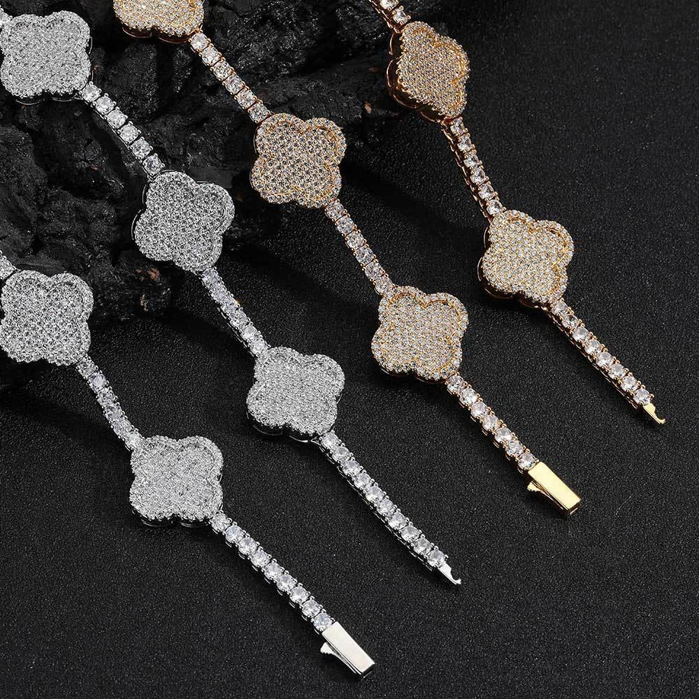 Men's Spring Clasp Clover Tennis Chain | 5mm Iced Out Zircon Necklace | Premium Gold Chain Rapper Style | Caratix - CaratixJewelry