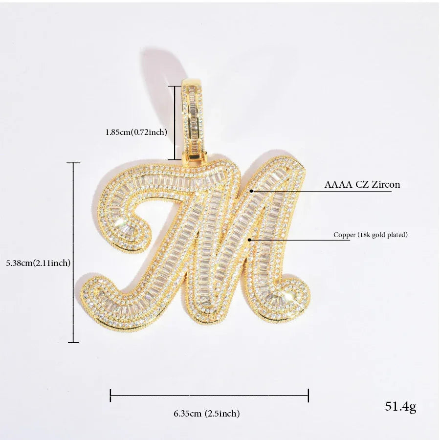 Baguette Script Letter Pendant | CZ Iced Out Hip Hop Unisex Streetwear Necklace - CaratixJewelry
