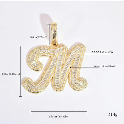 Baguette Script Letter Pendant | CZ Iced Out Hip Hop Unisex Streetwear Necklace - CaratixJewelry