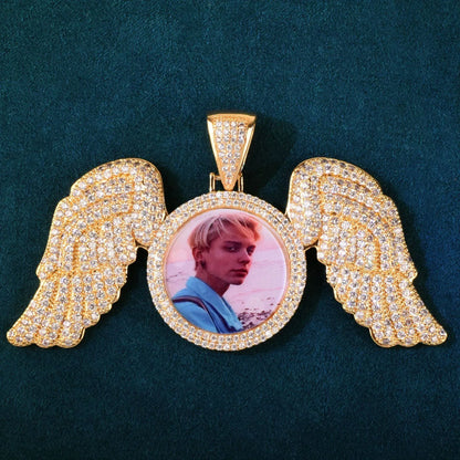 Wing Photo Pendant Necklace | Iced Out CZ Custom Picture DIY Couple Jewelry - CaratixJewelry