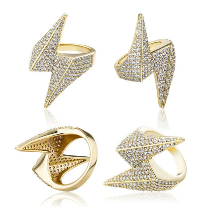 Bold Lightning Bolt Hip Hop Ring | Iced Out Zirconia Statement Band | Caratix