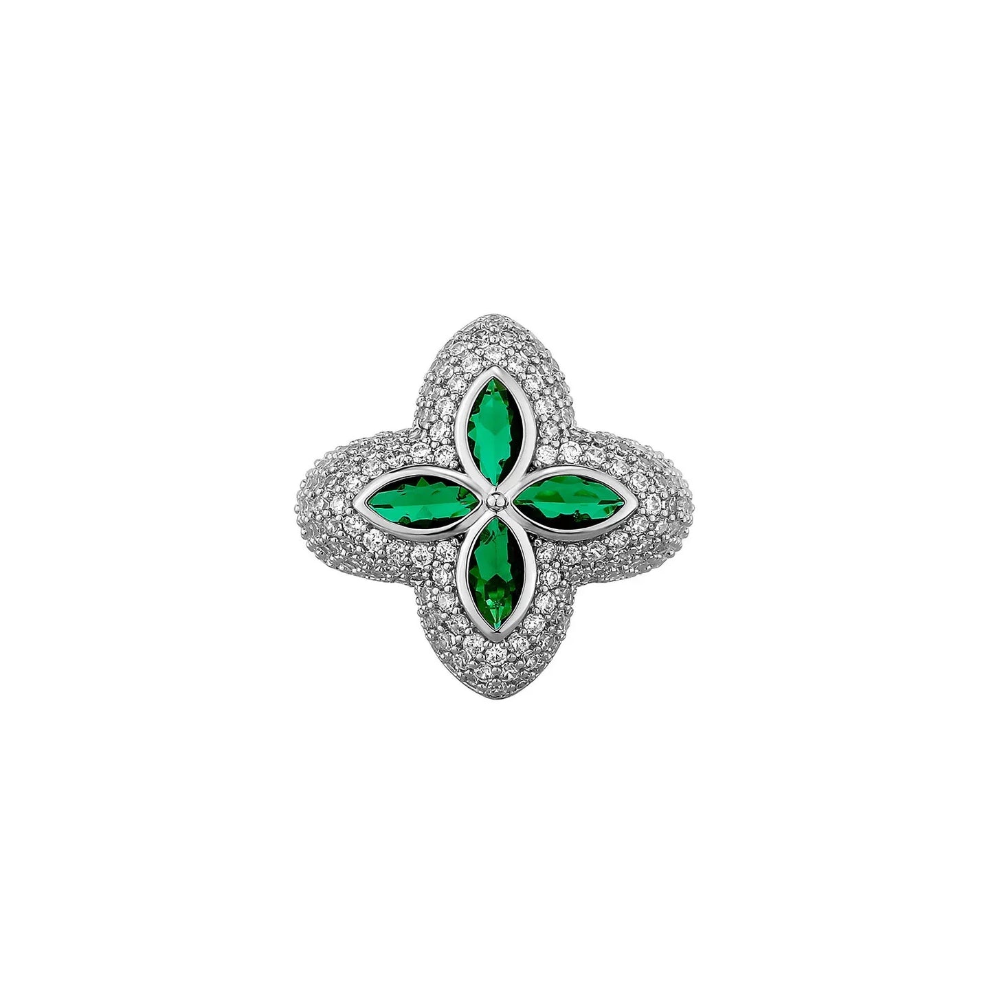 Men's Iced Out Four-Leaf Clover Ring | Flower Motif Hip Hop Band | Caratix