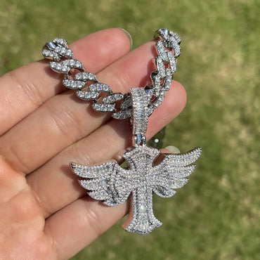 Luxury Iced Out Angel Wings Cross Pendant for Men | Hip Hop Pave CZ Jewelry | Trendy Winged Cross Ice Pendant | Fashion Necklace | Caratix - CaratixJewelry
