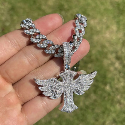 Luxury Iced Out Angel Wings Cross Pendant for Men | Hip Hop Pave CZ Jewelry | Trendy Winged Cross Ice Pendant | Fashion Necklace | Caratix - CaratixJewelry