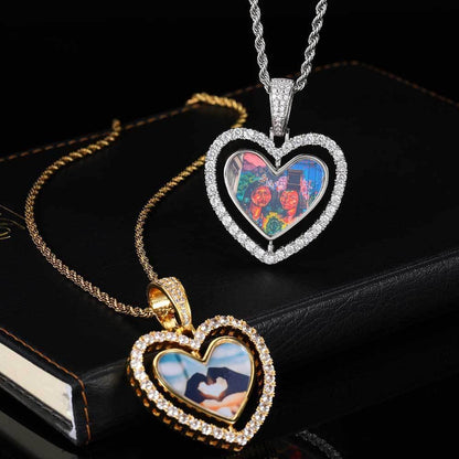 Custom Rotating Double-Sided Heart Photo Pendant Necklace with Zircon Stones | Caratix Jewelry - CaratixJewelry