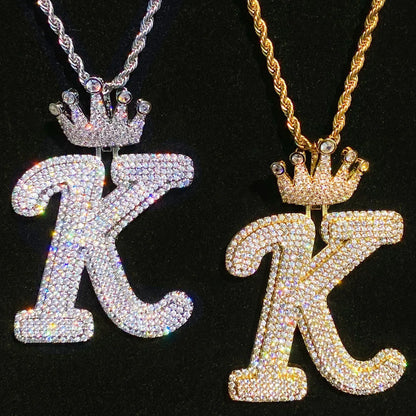 Iced Out Crown Letter K Pendant | Real Copper CZ Initial Necklace - CaratixJewelry