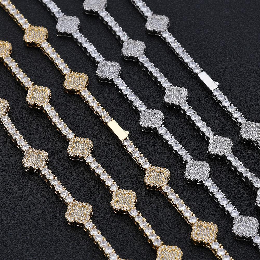 Men's Spring-Clasp Clover Tennis Chain | 5A Zircon Iced Out Necklace | Premium Gold Chain Rapper Style | Caratix - CaratixJewelry