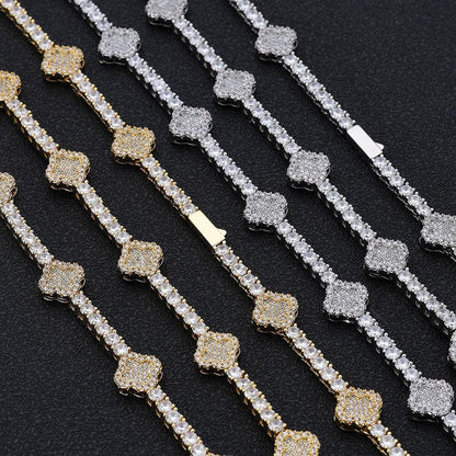Men's Spring-Clasp Clover Tennis Chain | 5A Zircon Iced Out Necklace | Premium Gold Chain Rapper Style | Caratix - CaratixJewelry