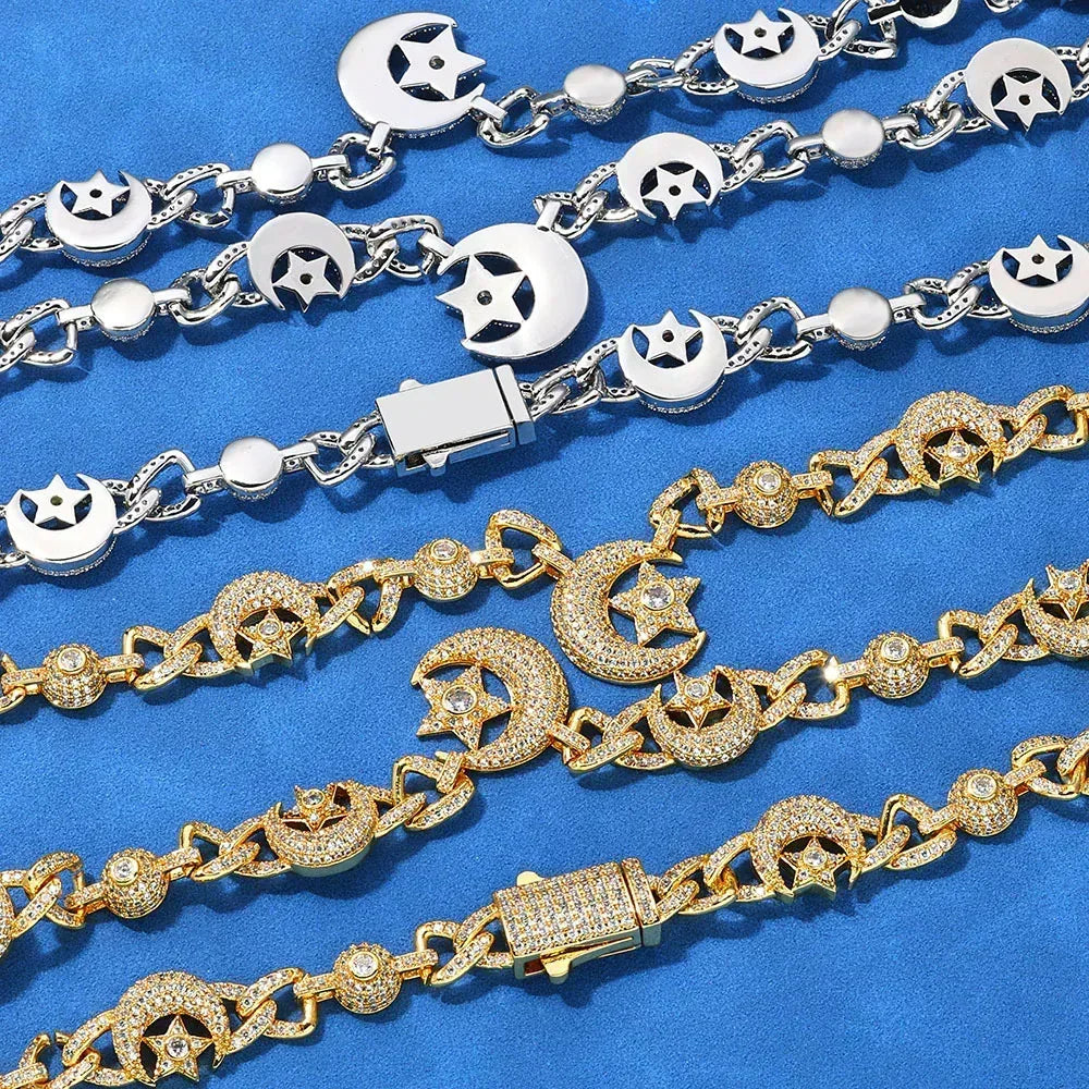 Moon & Star Moissanite Necklace – S925 Sterling Silver Iced-Out Hip Hop Men’s Luxury Clavicle Chain Jewelry - CaratixJewelry