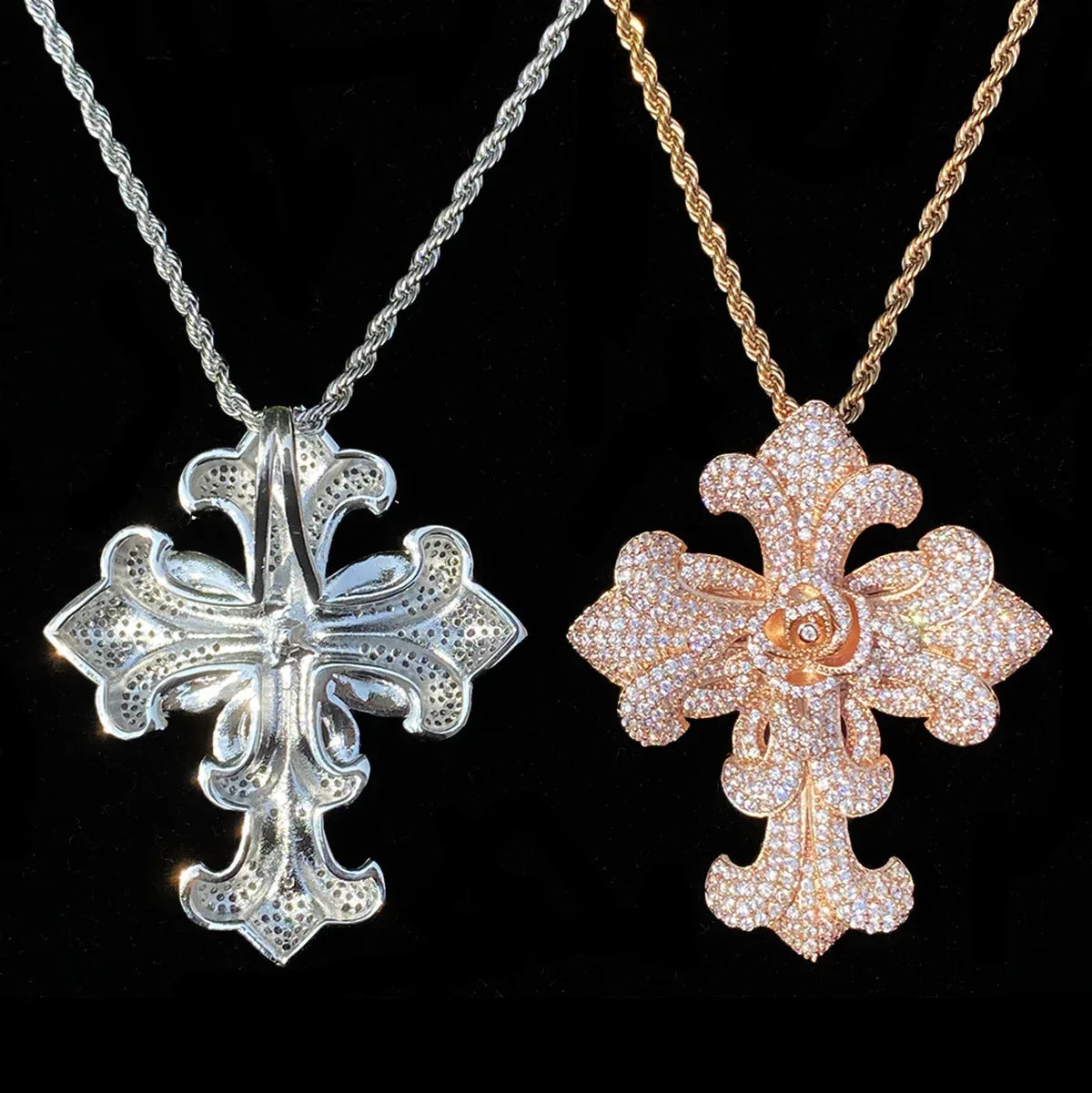 Exaggerated Floral Iced Out Cross Pendant | Luxury Men's Real Copper CZ Necklace - CaratixJewelry
