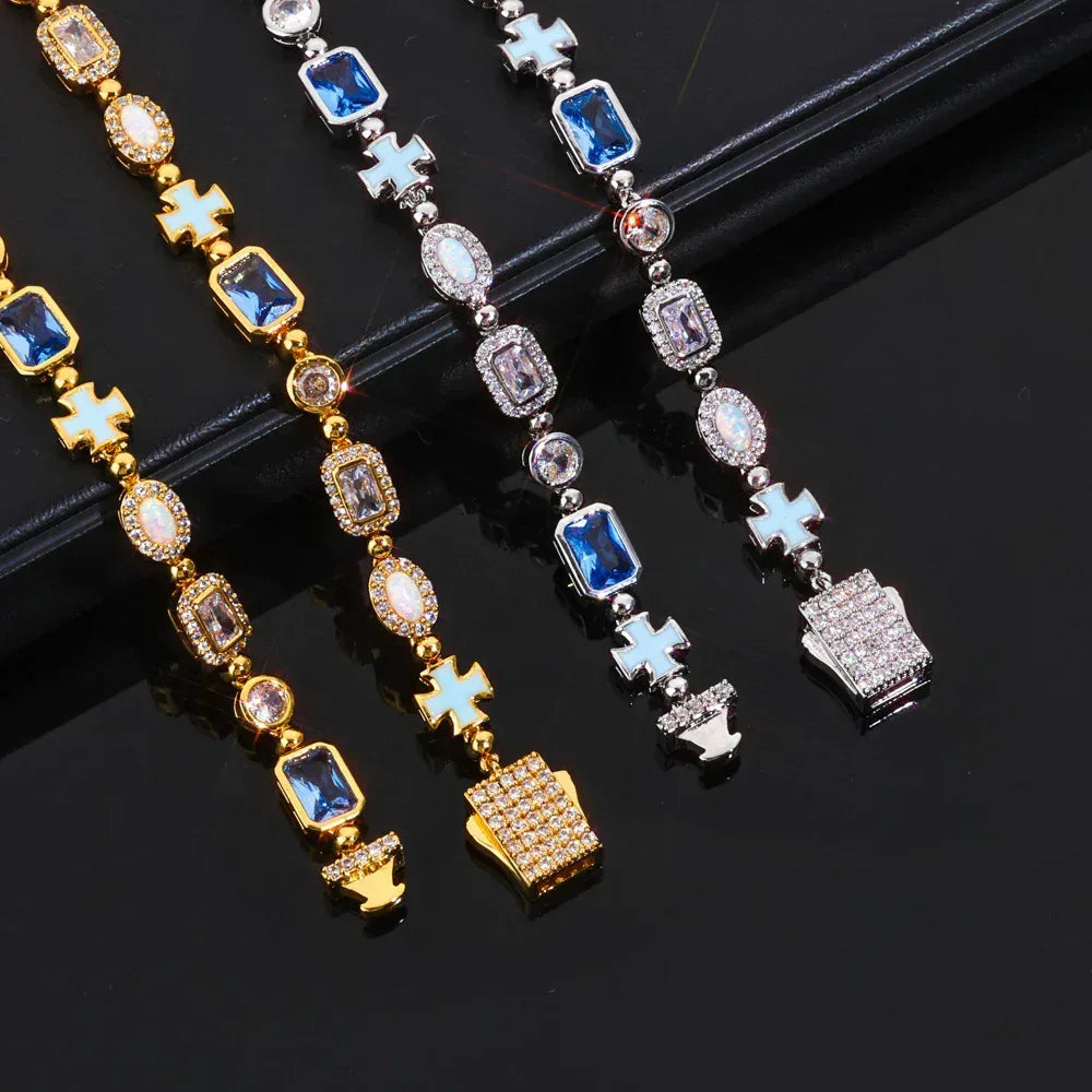 6mm Enamel Cross Necklace Blue Stone Rapper Iced Out Chain Style | Caratix Jewelry - CaratixJewelry